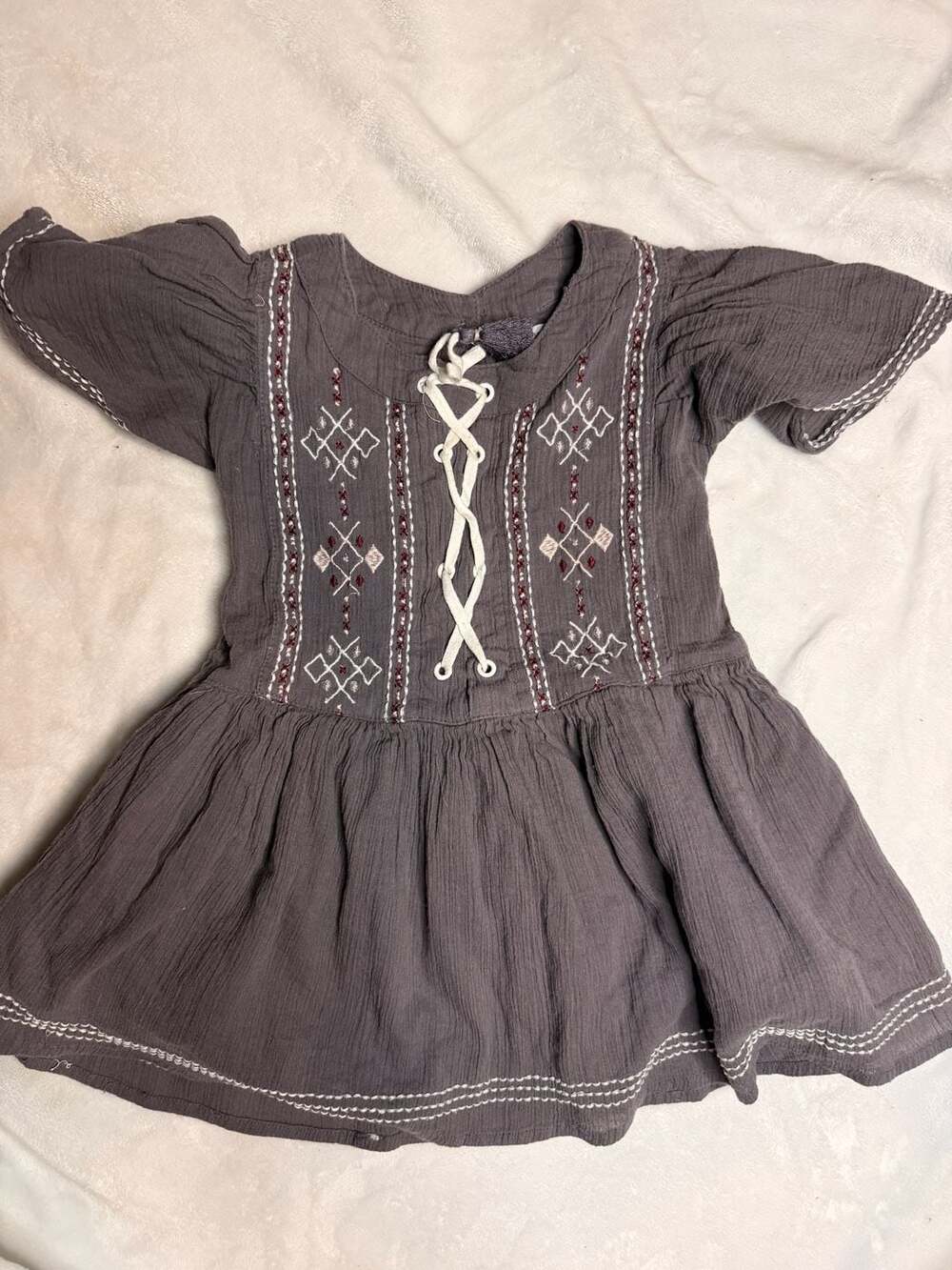 Shabby Chic Girls Grey Embroidered Lace-Up Cotton Dress
